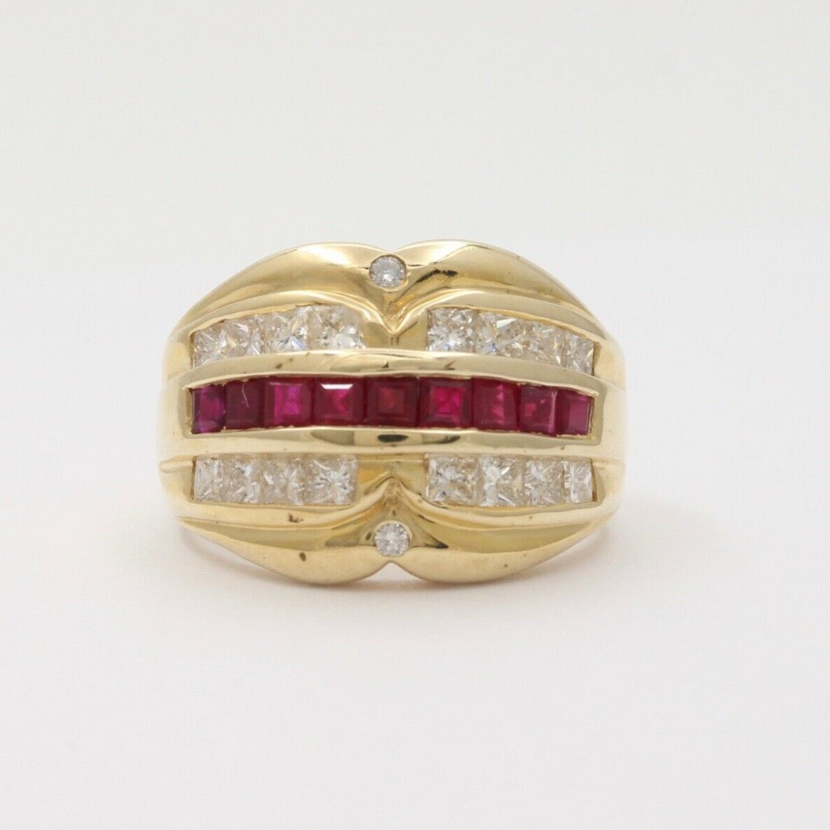 Vintage Chunky Table Cut Rubies Diamonds 14K Yellow Gold Ring