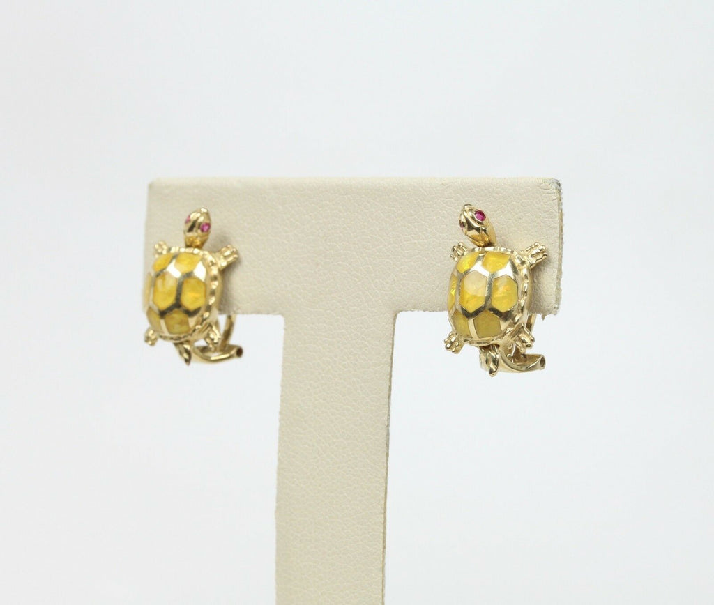 Vintage Turtle 14K Yellow Gold Rubies Enamel Ladies Earrings