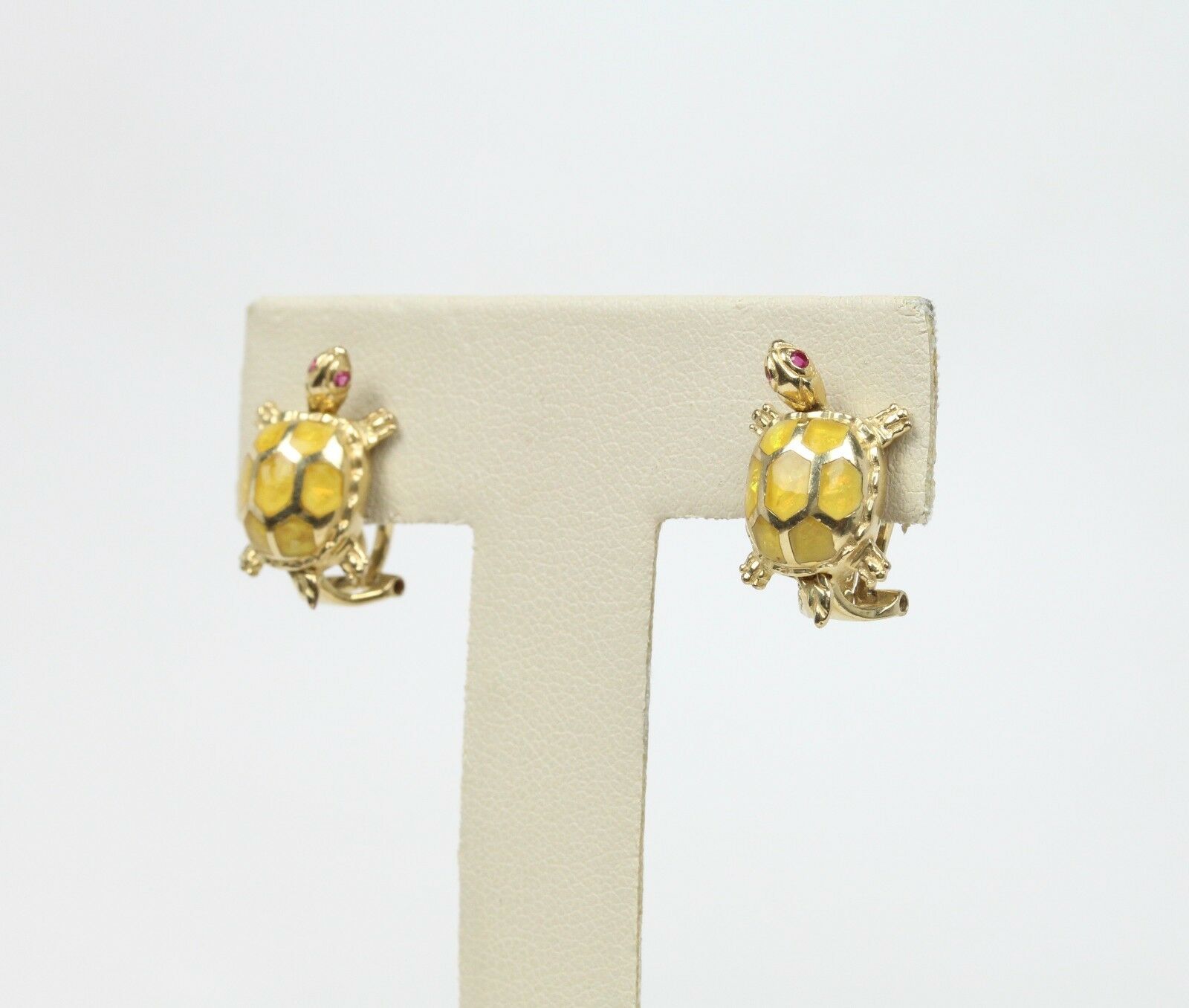 Vintage Turtle 14K Yellow Gold Rubies Enamel Ladies Earrings