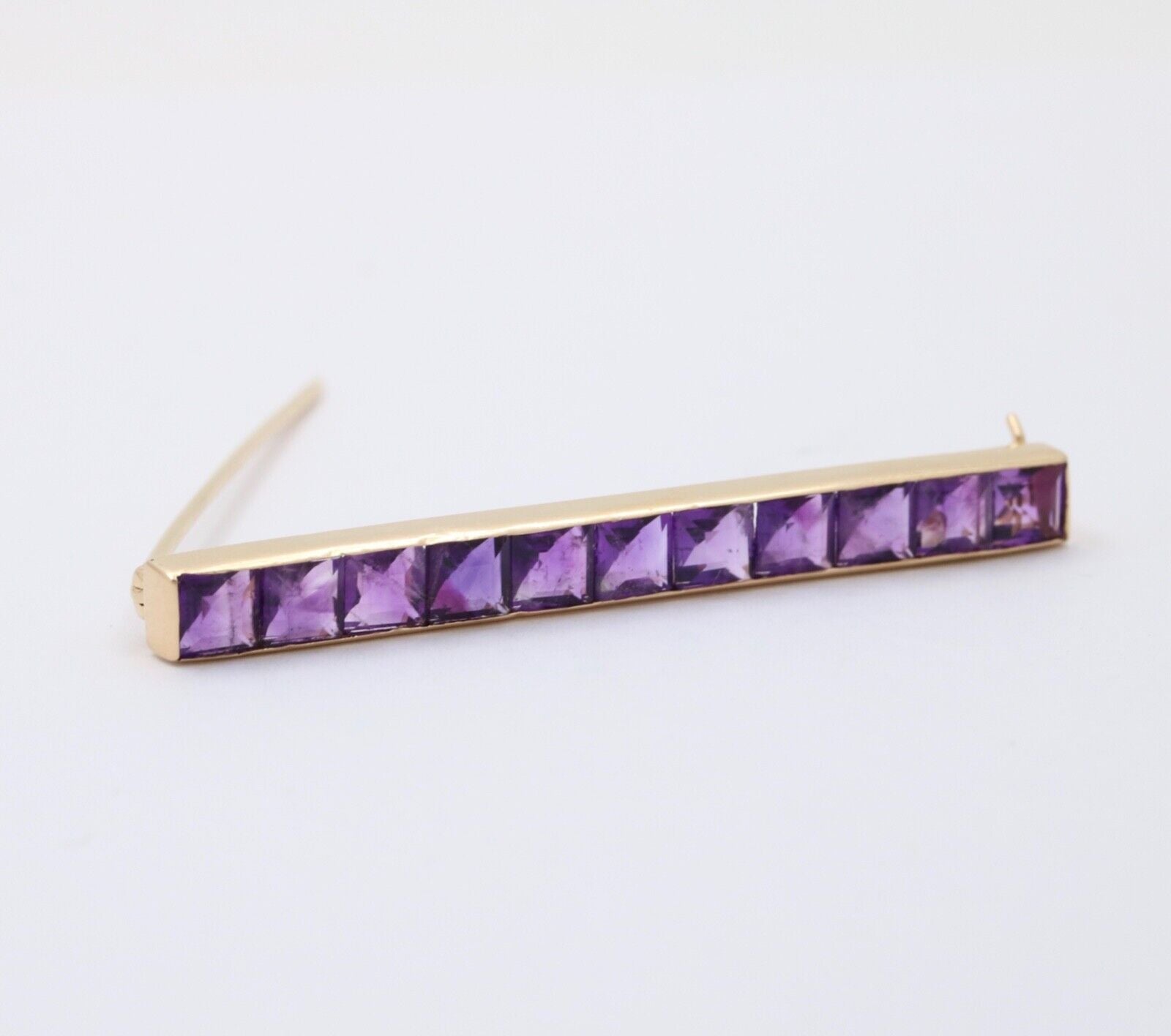 Victorian Emerald Cut Amethyst 14K Yellow Gold Bar Pin Brooch