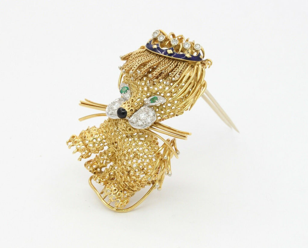 Elegant and Fun Vintage Lion Brooch 18K Diamonds Emeralds Enamel Onyx