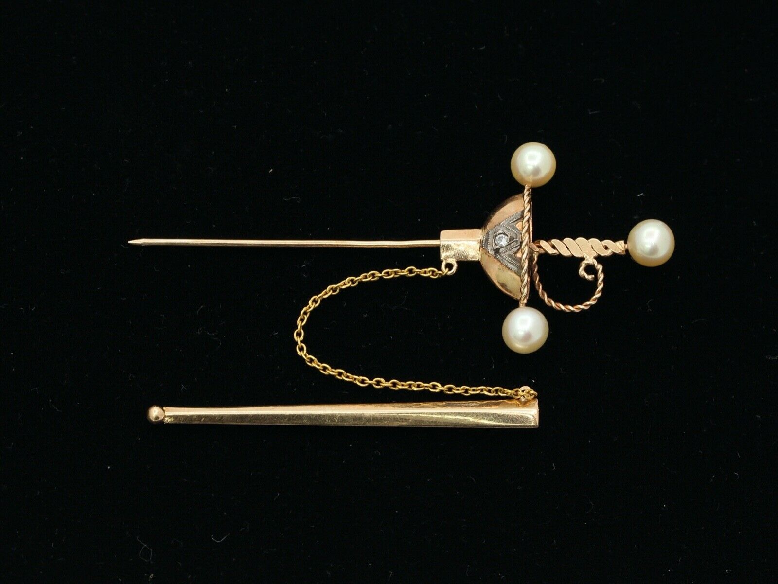 Victorian Sword Brooch 14K Yellow White Gold Diamond Pearls