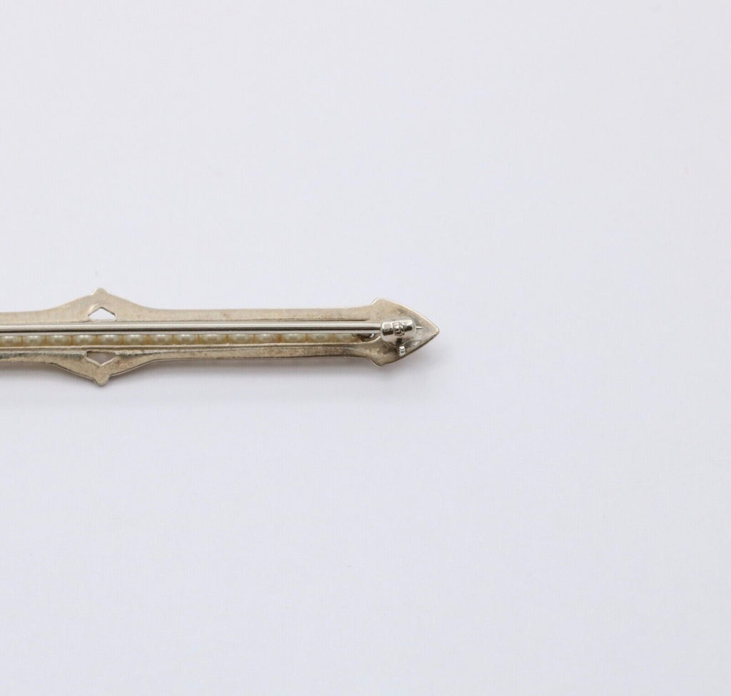 Antique 10K White Gold Art Deco Pearl Bar Brooch, Pin