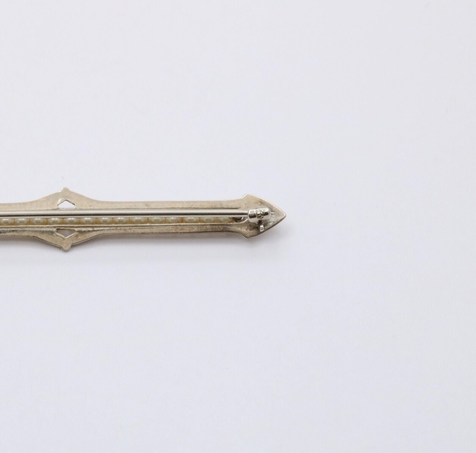 Antique 10K White Gold Art Deco Pearl Bar Brooch, Pin