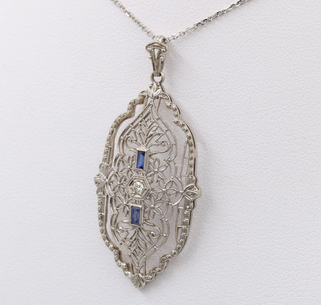 Art Deco 14K White Gold Filigree Pendant, Necklace