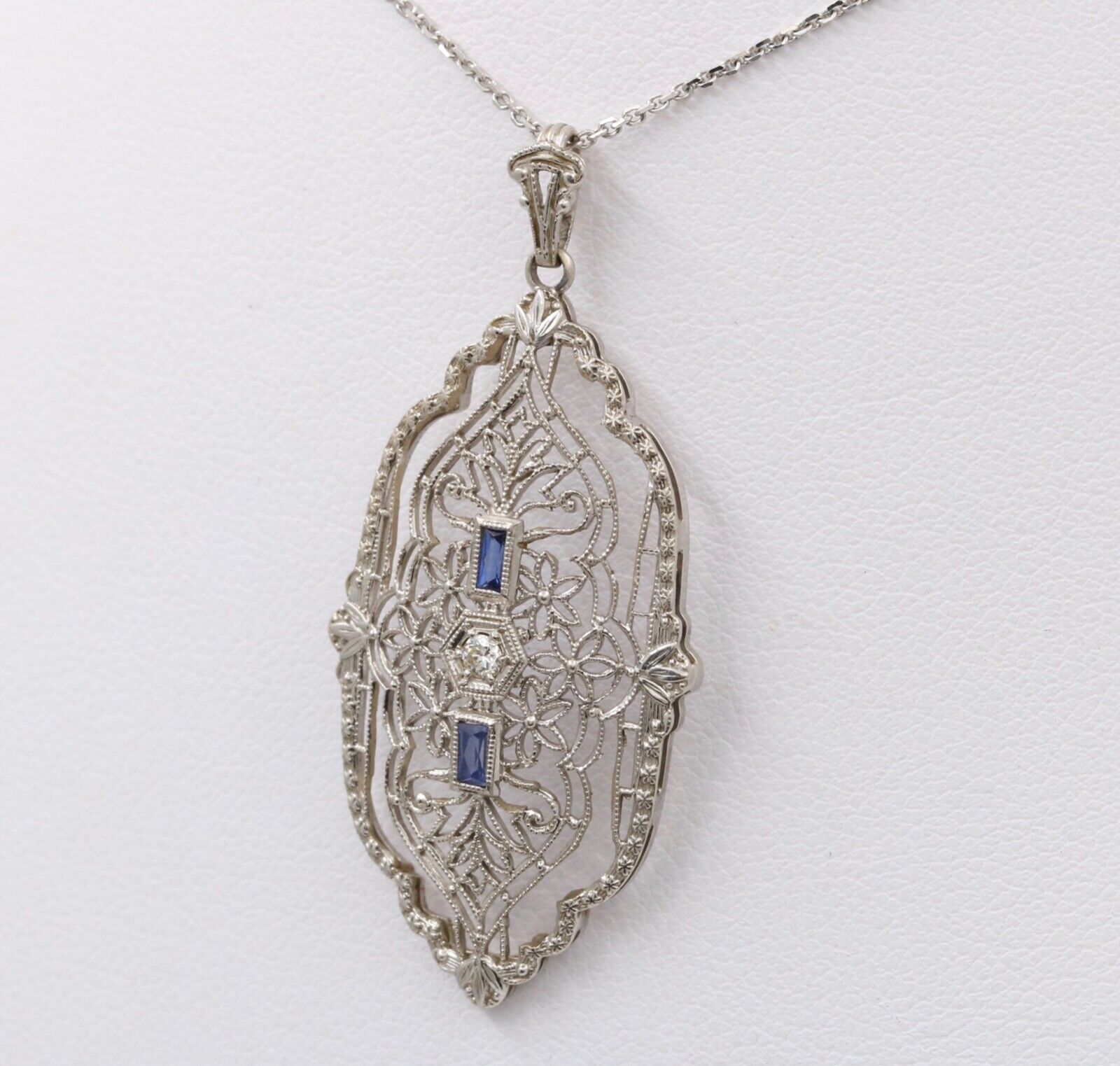 Art Deco 14K White Gold Filigree Pendant, Necklace