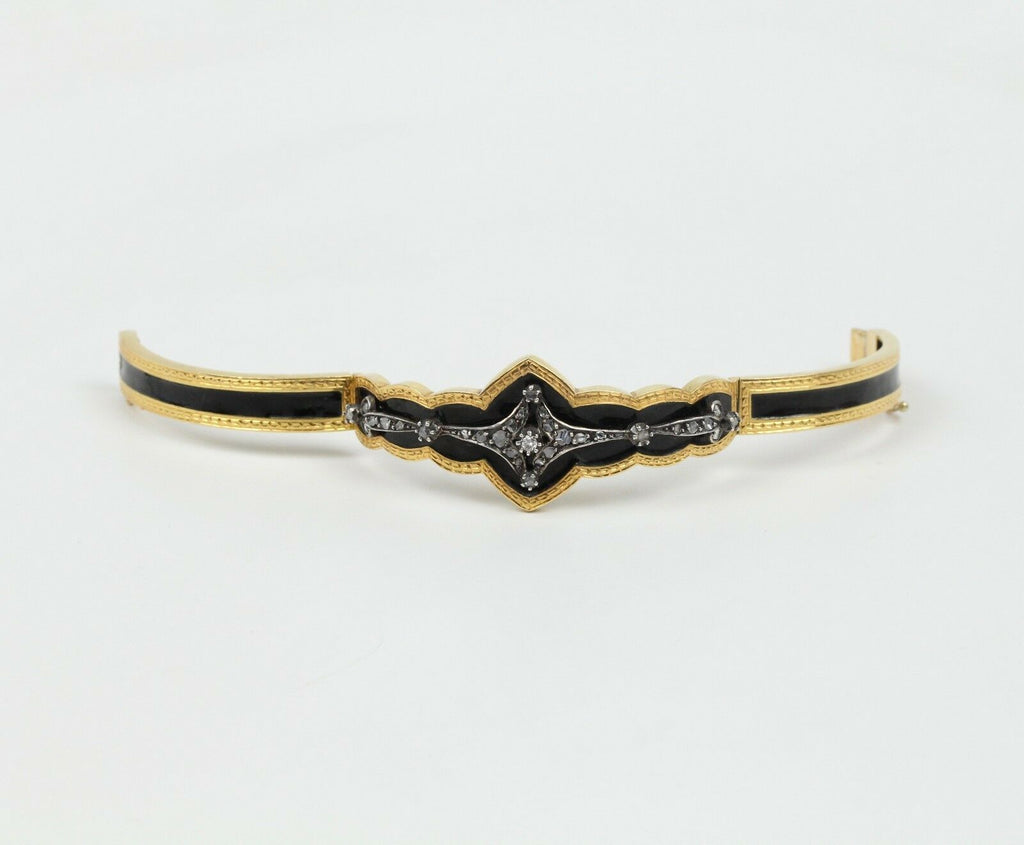 Victorian Mourning Antique Bracelet 18K Yellow Gold Black Enamel & Diamond