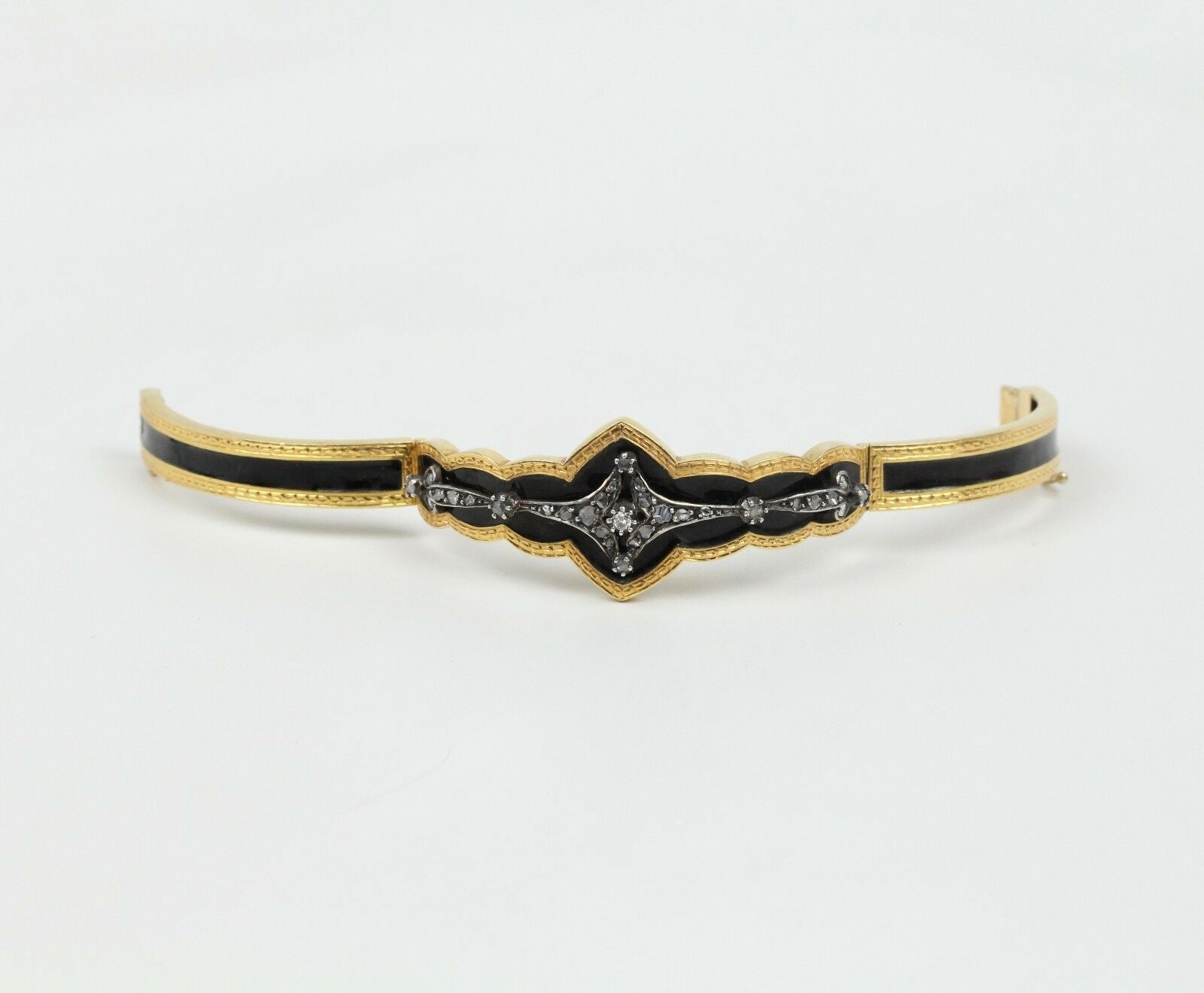 Victorian Mourning Antique Bracelet 18K Yellow Gold Black Enamel & Diamond