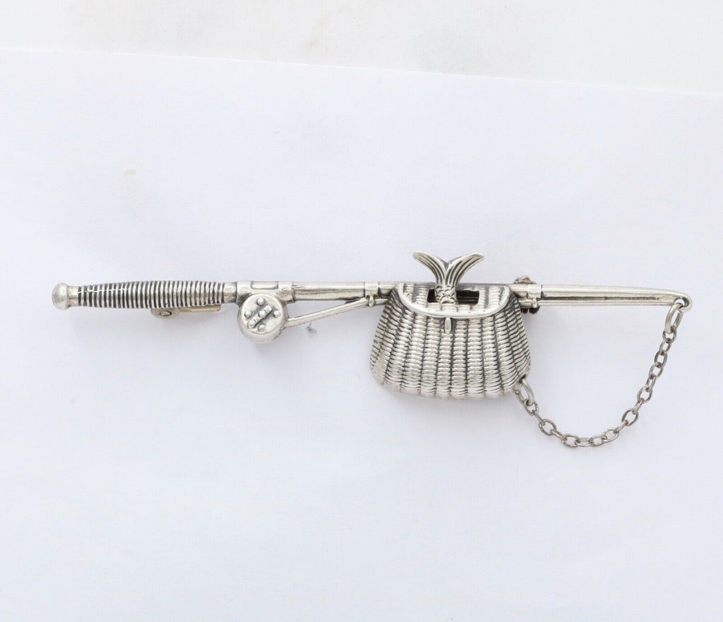 Beau Sterling Silver Fishing Rod and Creel Basket Brooch