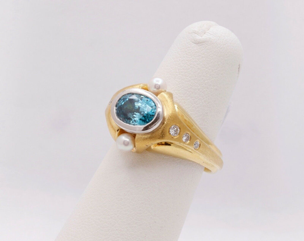 Unisex Mens Ladies Blue Zircon Diamonds Pearls Platinum 18K Yellow Gold Ring