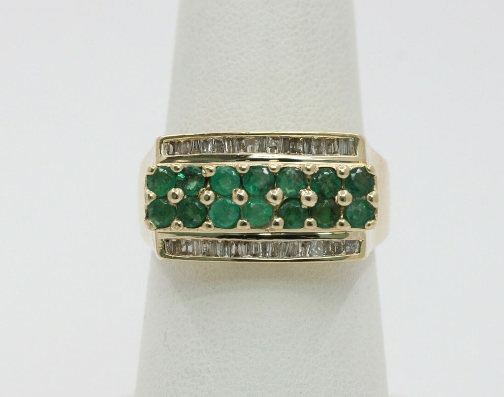 Vintage 14K Yellow Gold Emeralds Diamonds Unisex Ring