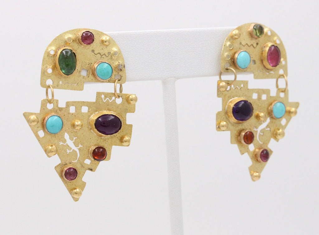 Vintage Multi Stone 18K Yellow Gold Earrings Arizona Mexican
