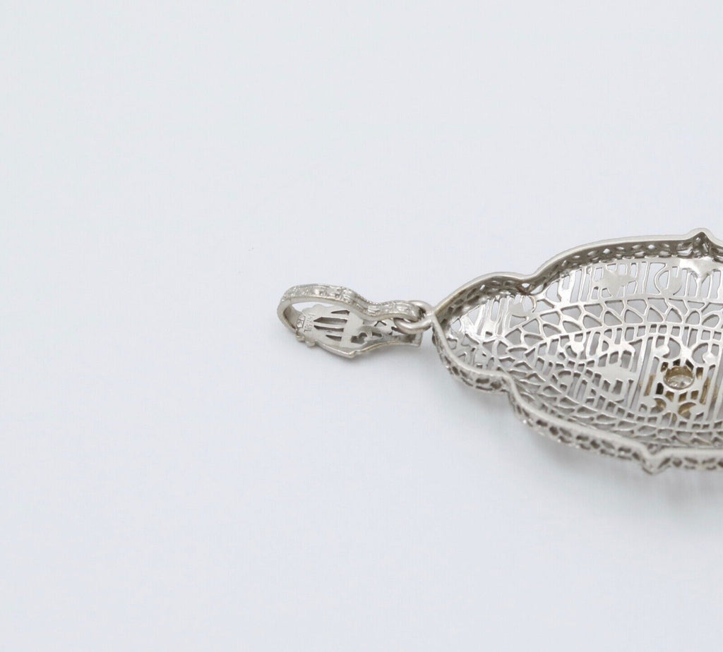 Art Deco 14K White Gold Filigree Diamond Pendant Necklace