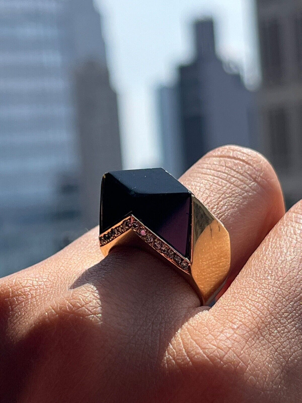 Vintage 14K Yellow Gold Geometric Onyx & Diamond Ring