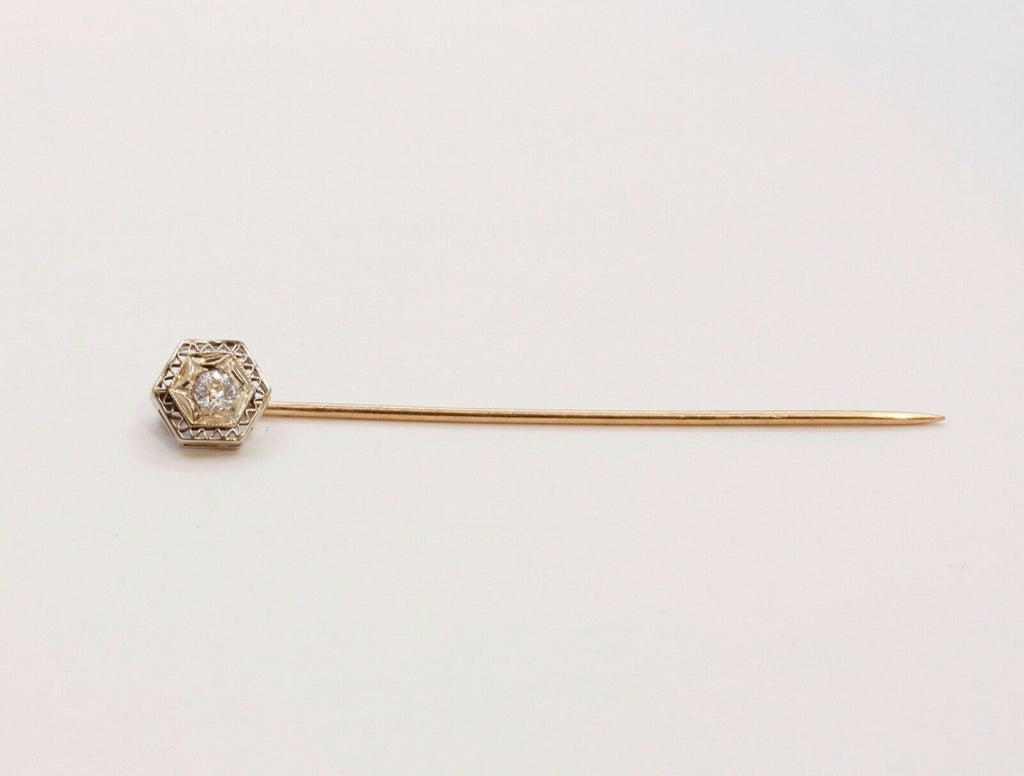 Art Deco Diamond 14K White and Yellow Gold Filagree Stick Pin