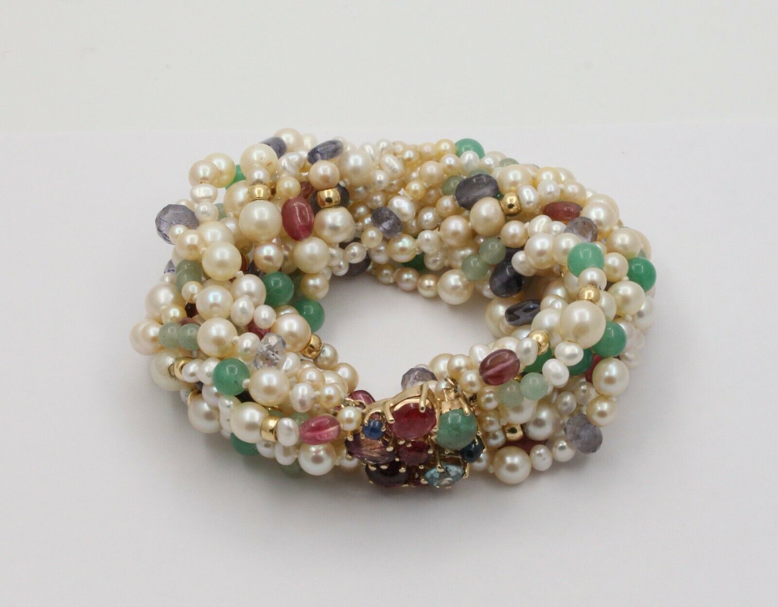 Vintage Multi-color Gem Stone Beaded Pearl 14K Yellow Gold Bracelet.