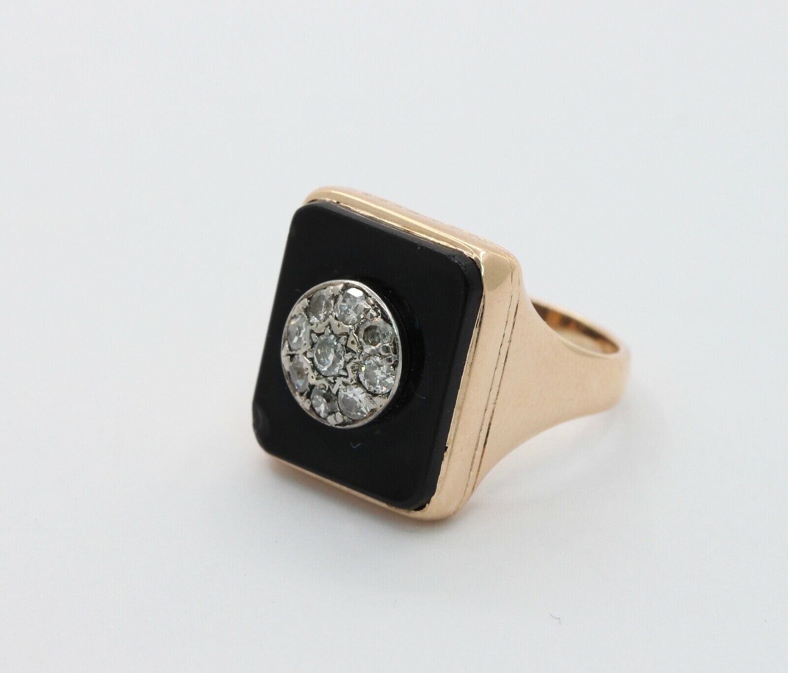 Vintage Unisex Signet Onyx Diamonds 14K Yellow Gold Ring