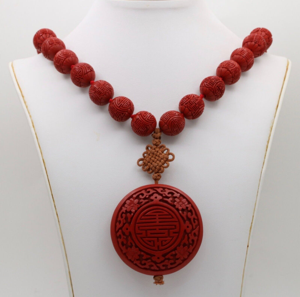 Vintage Red Cinnabar Chanterelle Necklace Pendant