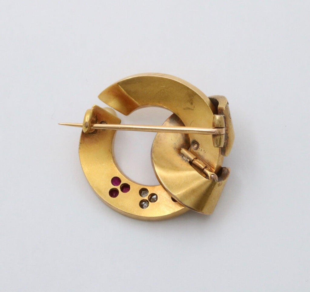 Antique 18K Yellow Gold Diamond Ruby Pearl Ribbon Brooch