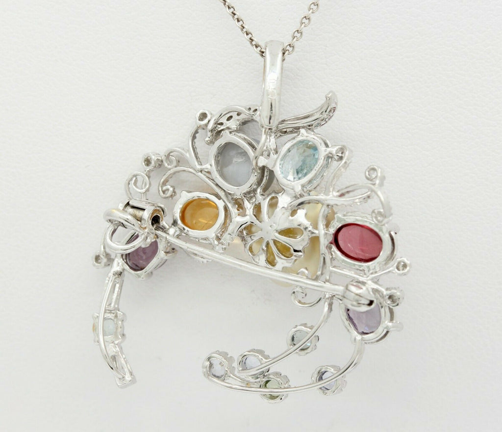 Vintage 18K White Gold Multi-Gemstone Diamond Brooch Pendant
