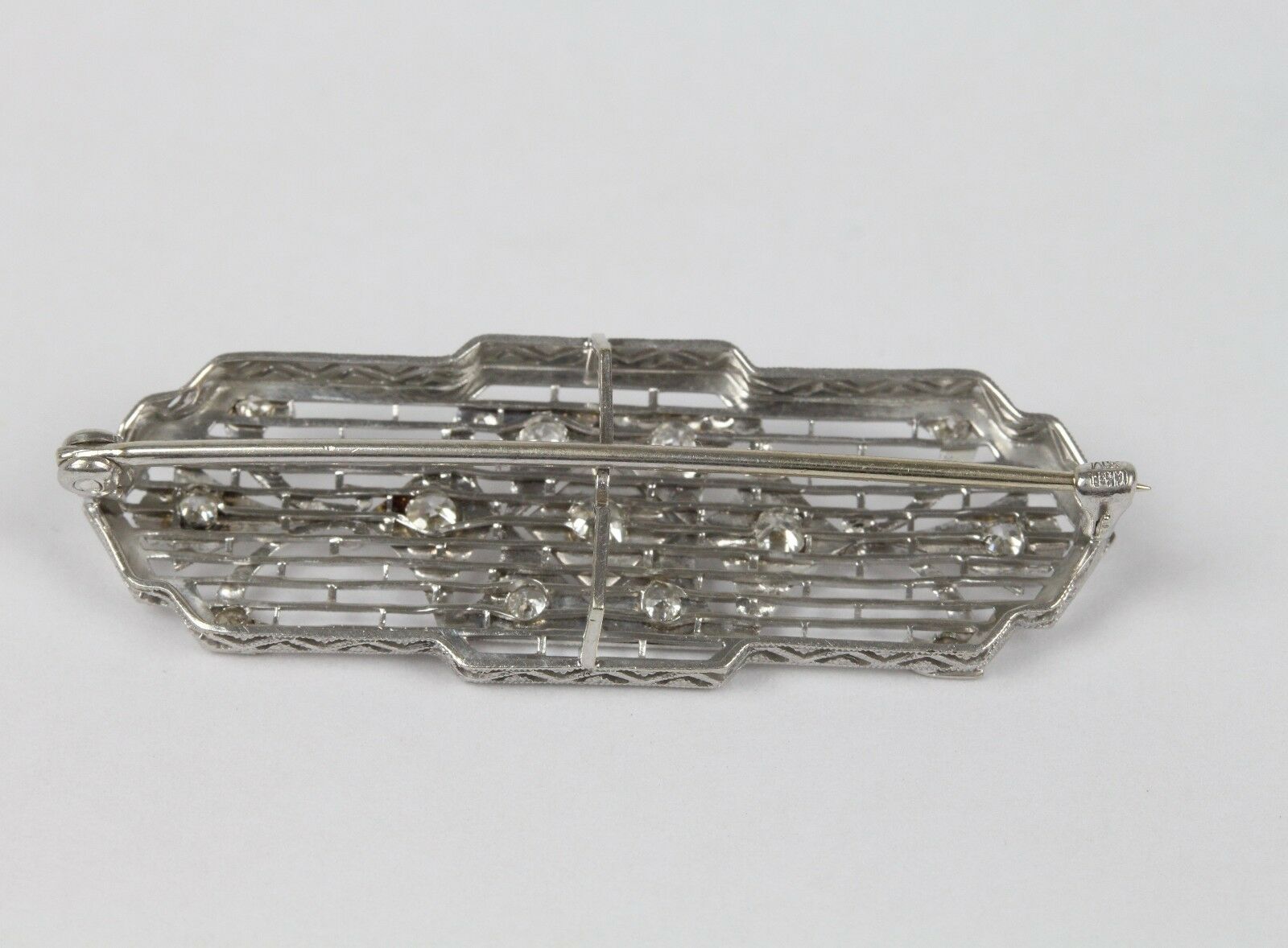 Art Deco 14K White Gold Diamond Filigree Brooch