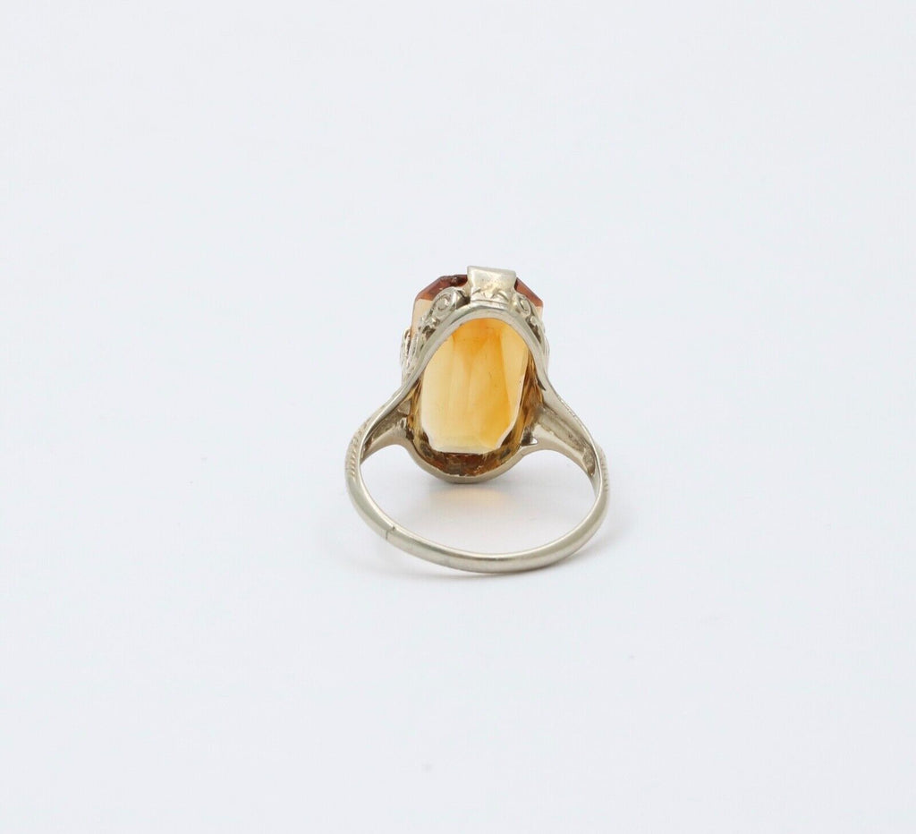 Antique Art Deco Citrine 14K White Gold Filigree Ring, Statement Ring