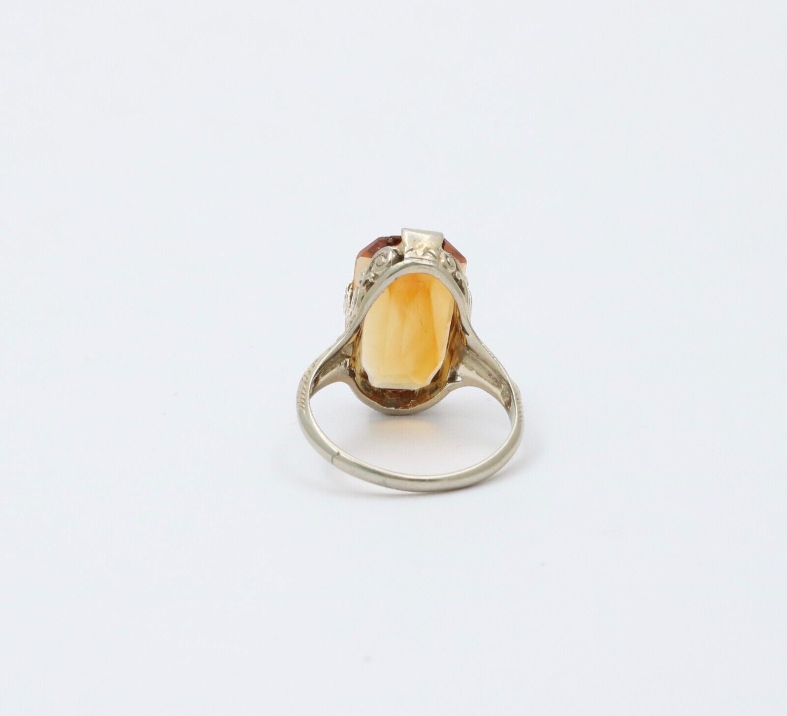 Antique Art Deco Citrine 14K White Gold Filigree Ring, Statement Ring