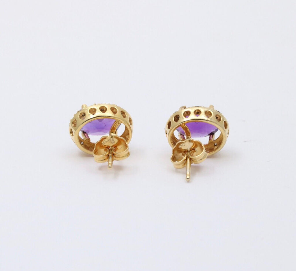 Vintage Amethyst Diamond 14K Yellow Gold Earrings Studs