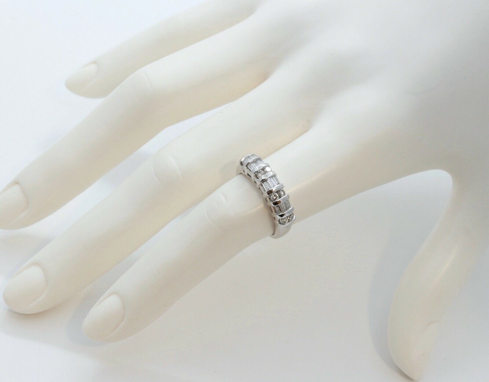 Beautiful Vintage Round Baguette Diamonds 14K White Gold Wedding Band Ring
