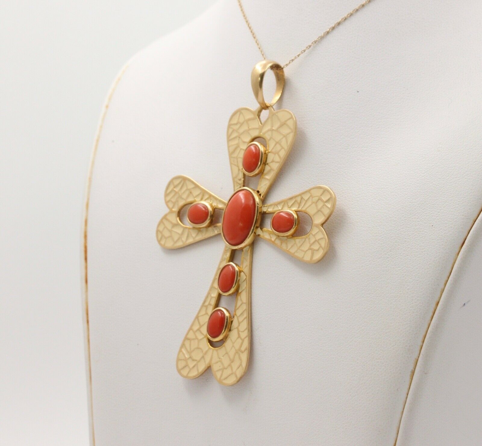 Vintage Italian Large 18K Yellow Gold Coral White Enamel Cross Pendant, Necklace