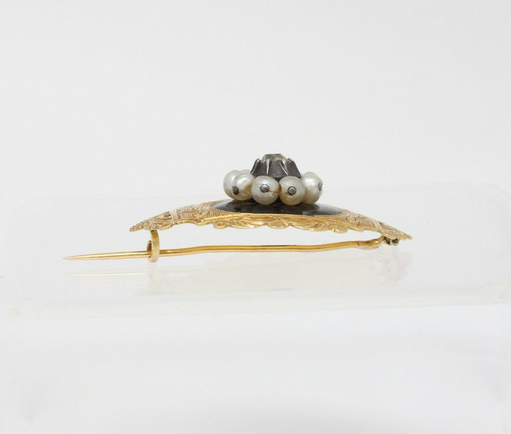 Victorian18K Yellow Gold Black Enamel Diamond Pearl brooch