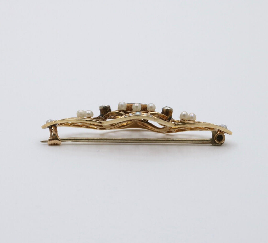 Art Deco Synthetic Sapphire Diamonds Seed Pearls 14K YG Brooch Pin