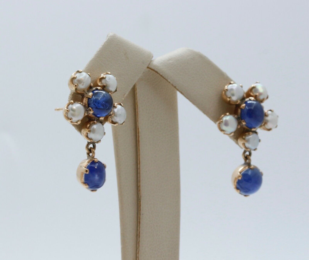 Beautiful Cabochon Sapphires Cultured Pearl 14K Yellow Gold Earrings