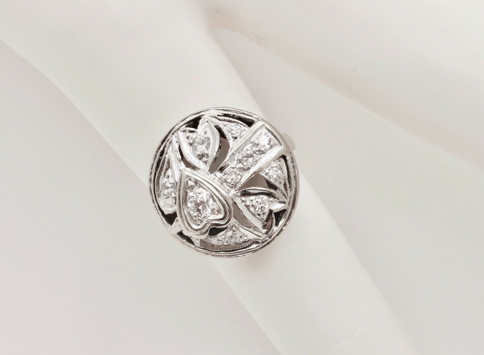 Art Deco Diamonds Hearts 14K White Gold Ring