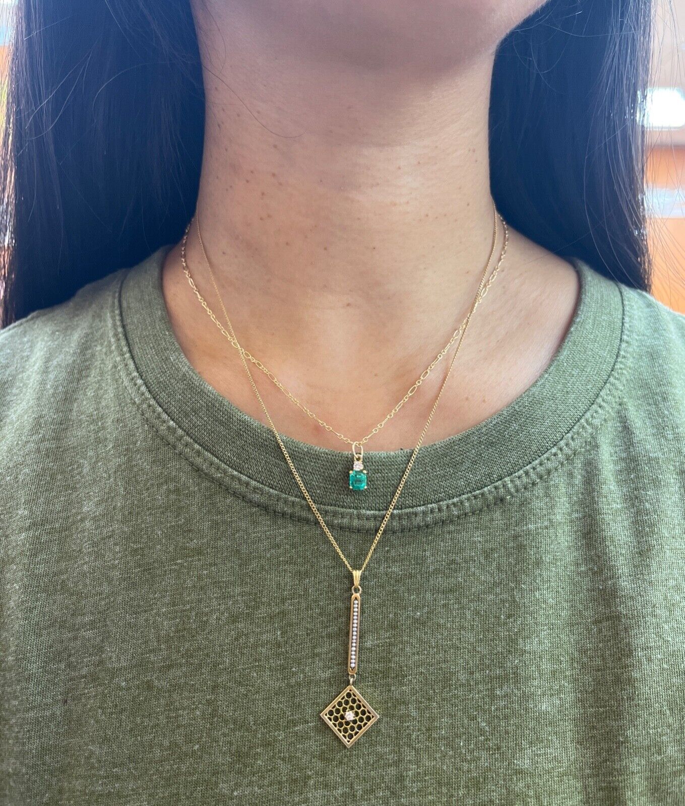Edwardian Diamond & Pearl Lavaliere Pendant, Antique 10k Yellow Gold Necklace