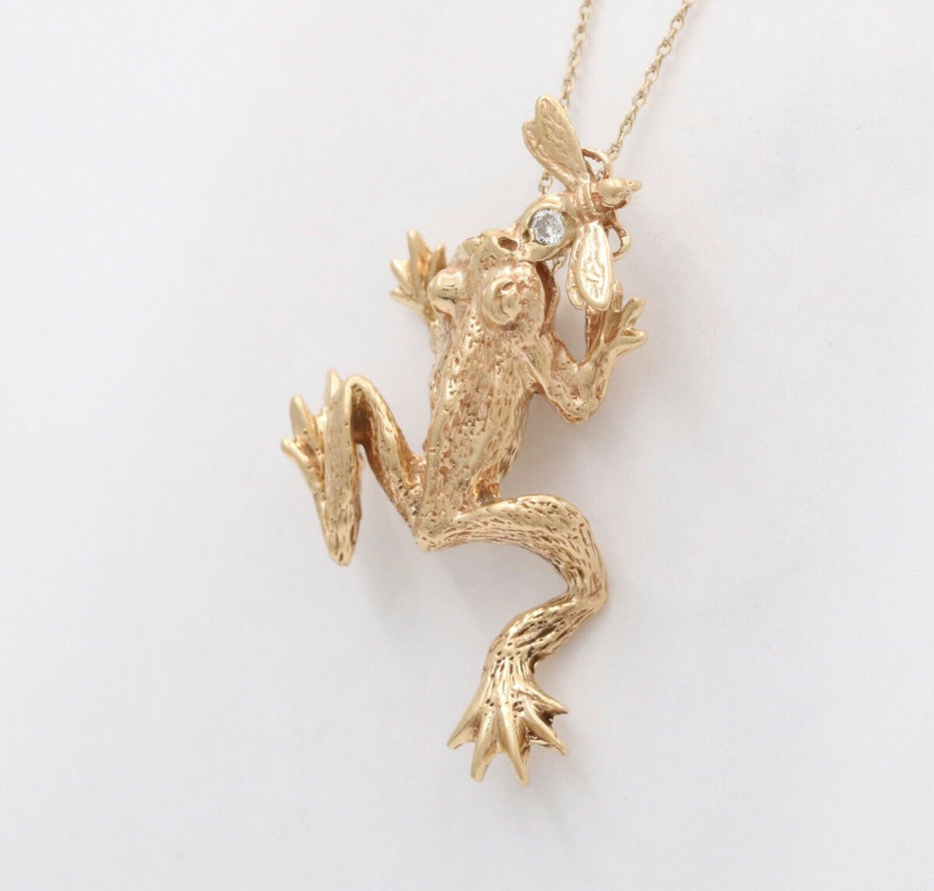 Vintage Frog Eating a Bee Diamond 14K Yellow Gold Pendant