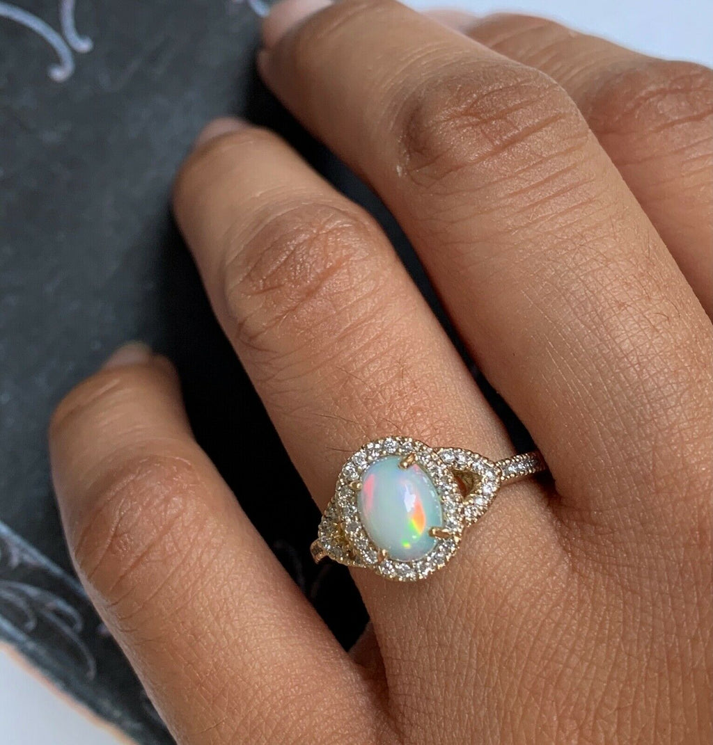 Vintage Australian Opal and Diamond Halo 14K Yellow Gold Ring, Engagement Ring