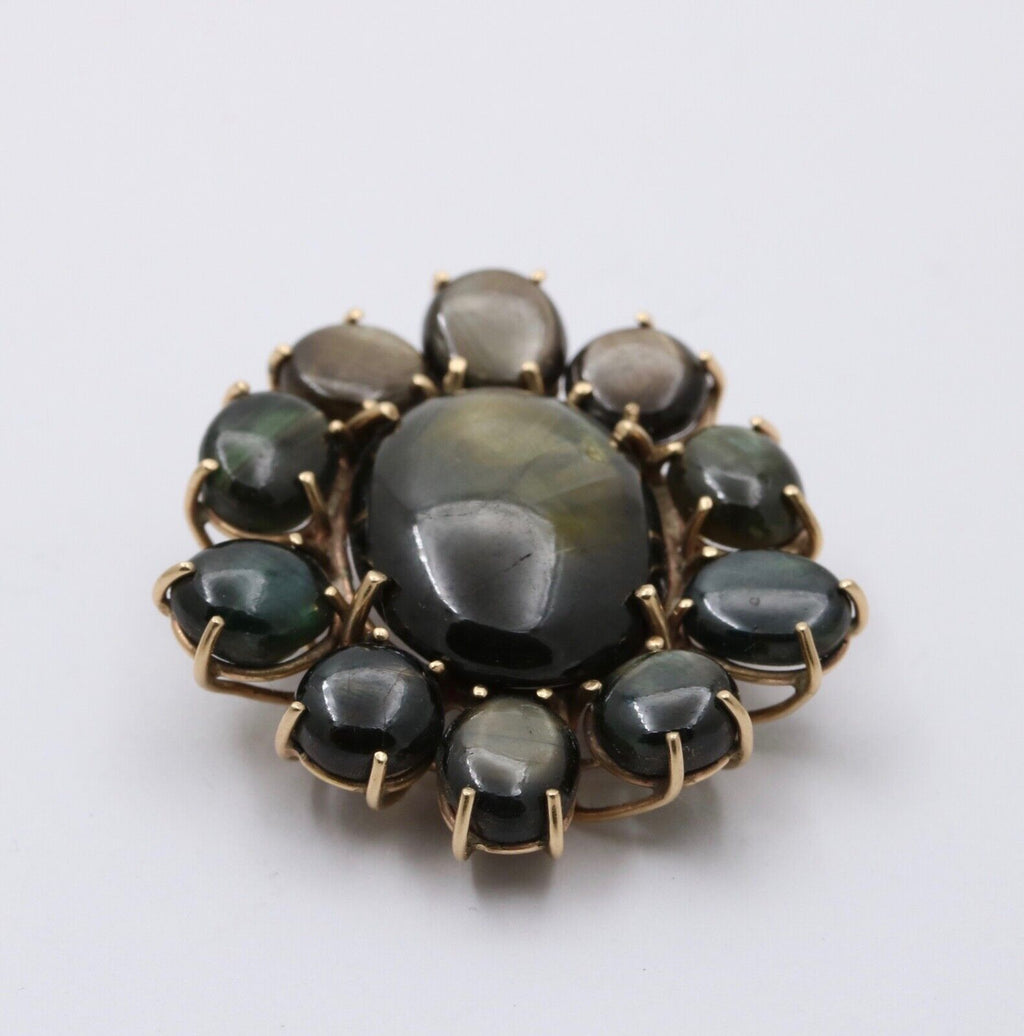 Vintage 14K Gold Black Star Sapphire Flower Pendant , Necklace