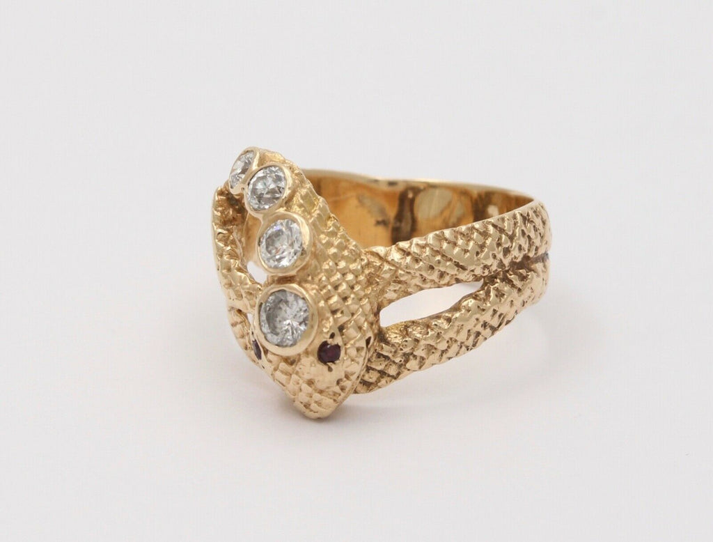 Vintage Snake Diamond Rubies 14K Yellow Gold Ring