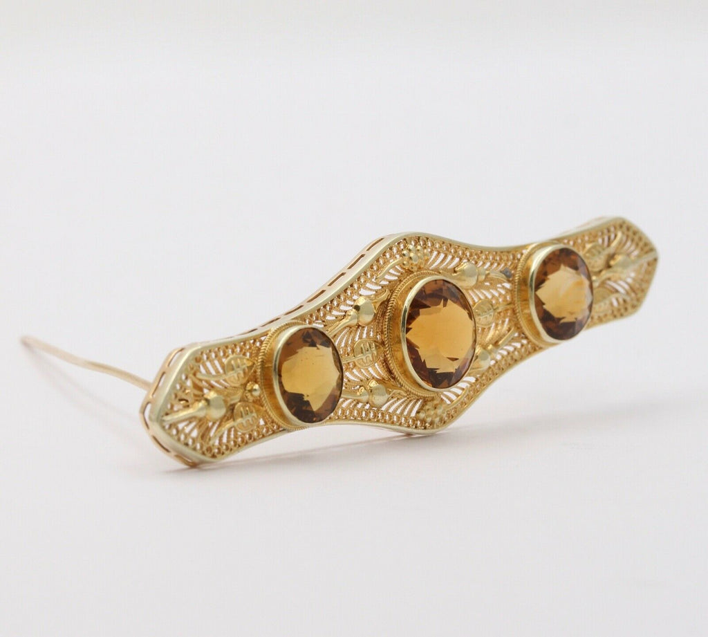 Vintage 14K Yellow Gold Citrine Bar Pin Brooch