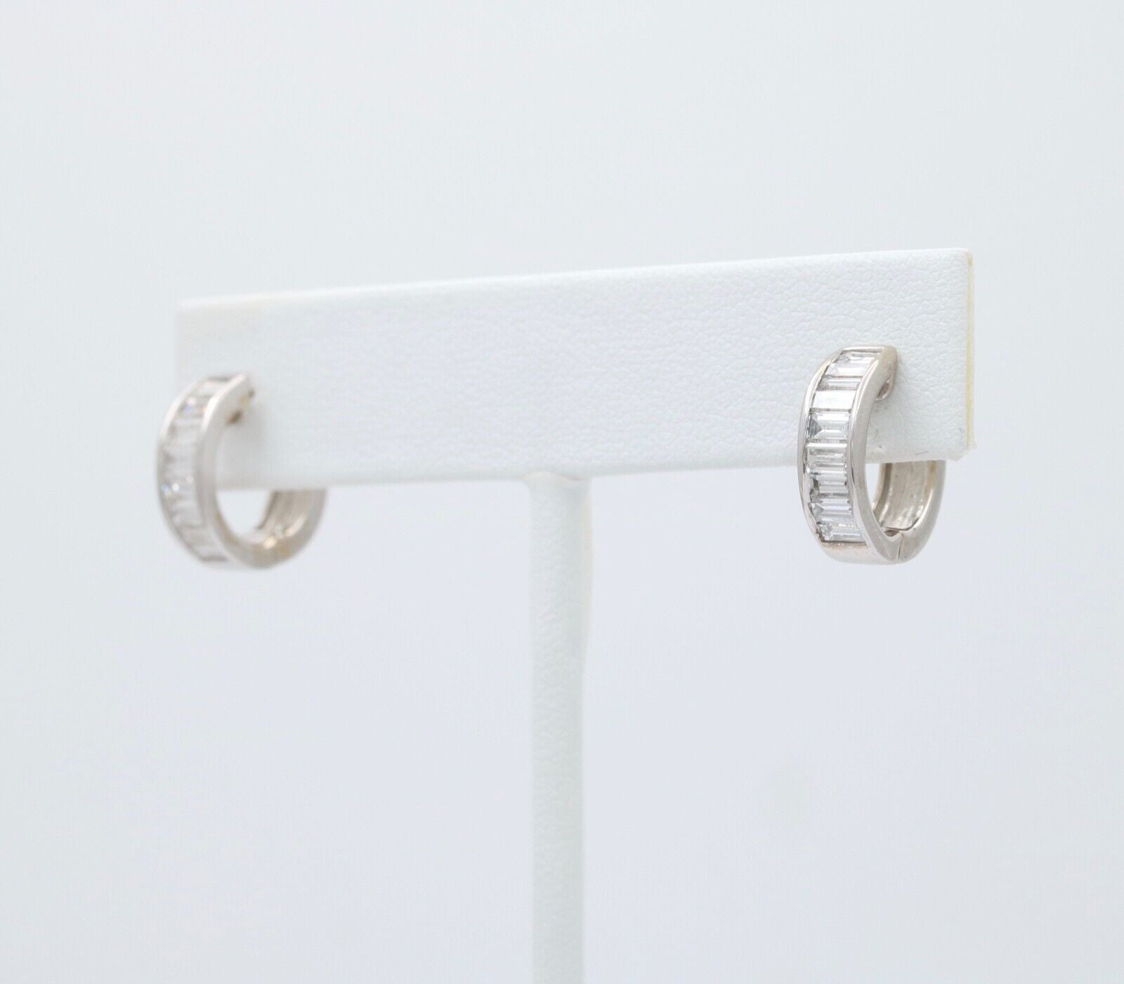Vintage Baguette Diamonds 14K White Gold Huggie Earrings