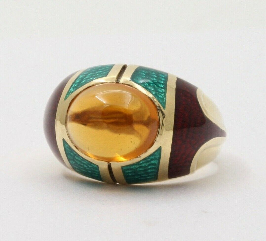 Unique Estate Mavito Citrine Guilloche Enamel 18K Gold Dome Ring,