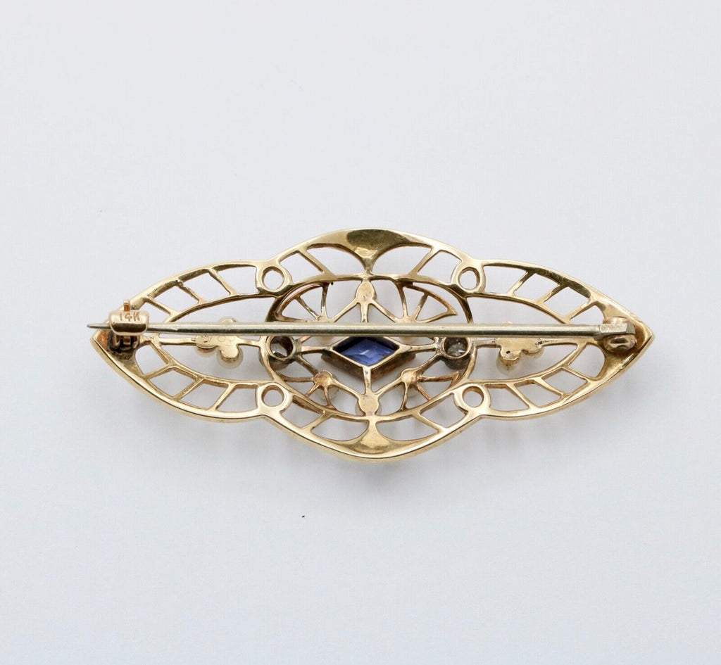 Art Deco Synthetic Sapphire Diamonds Seed Pearls 14K YG Brooch Pin