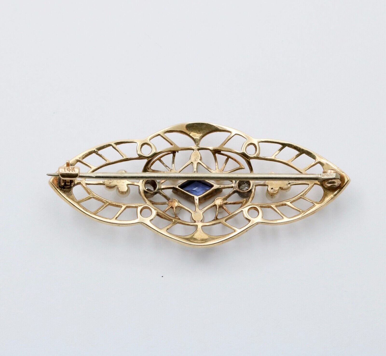 Art Deco Synthetic Sapphire Diamonds Seed Pearls 14K YG Brooch Pin