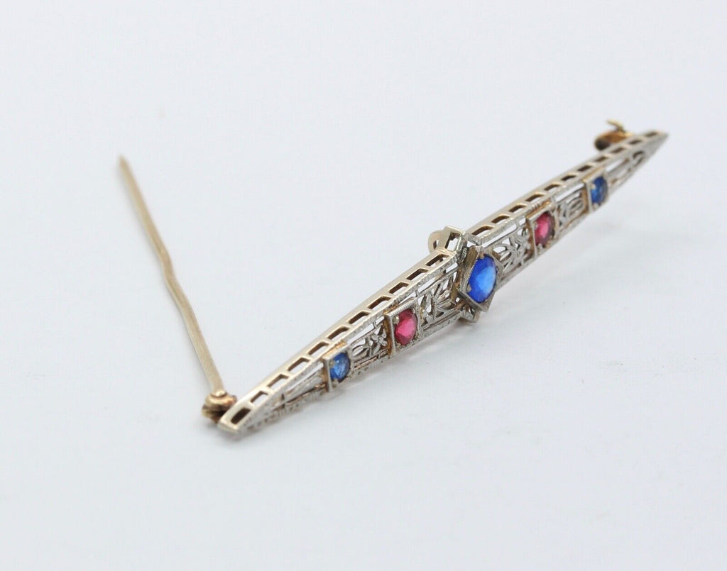 Art Deco 14K Sapphires Rubies Bar Brooch Pin