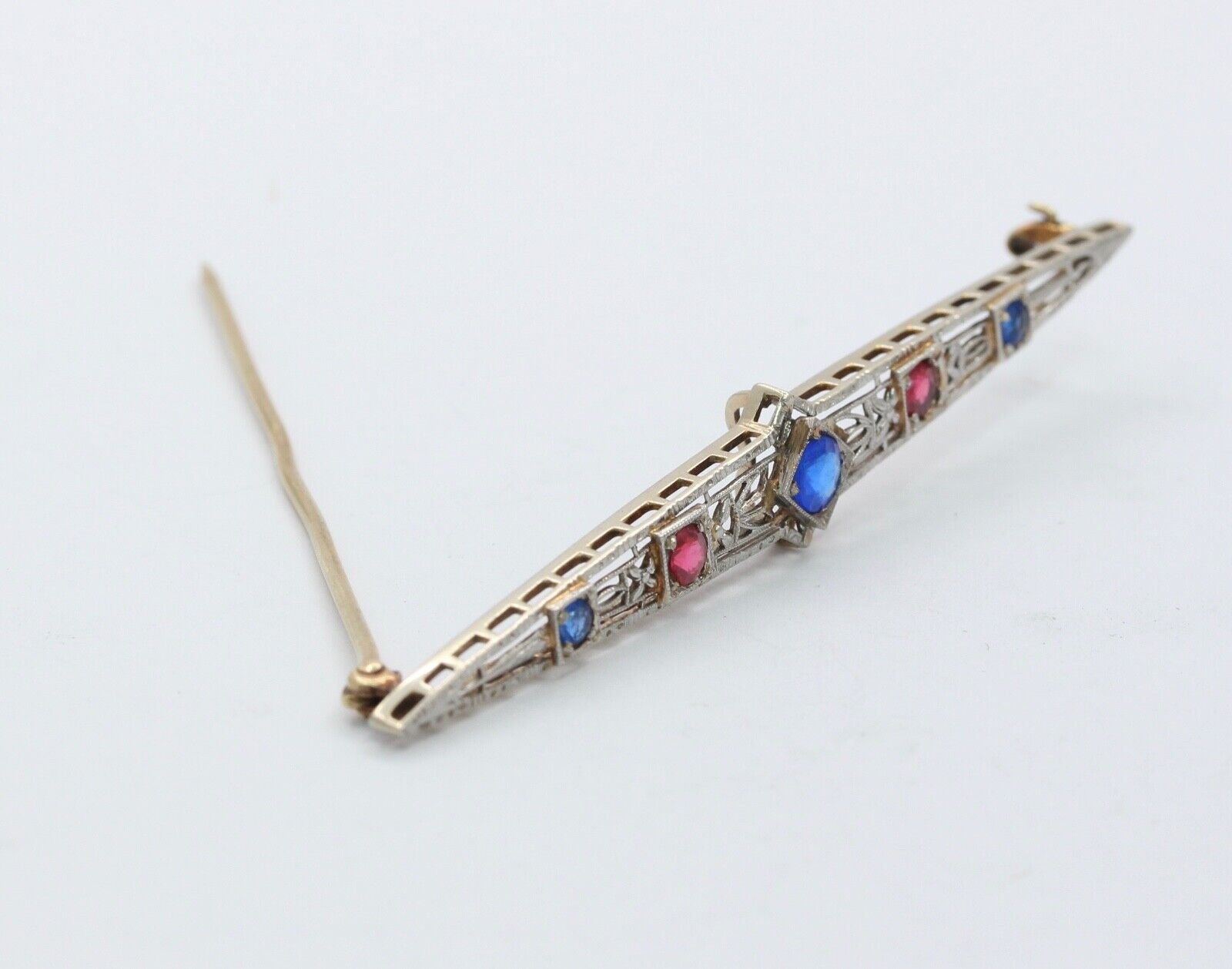 Art Deco 14K Sapphires Rubies Bar Brooch Pin