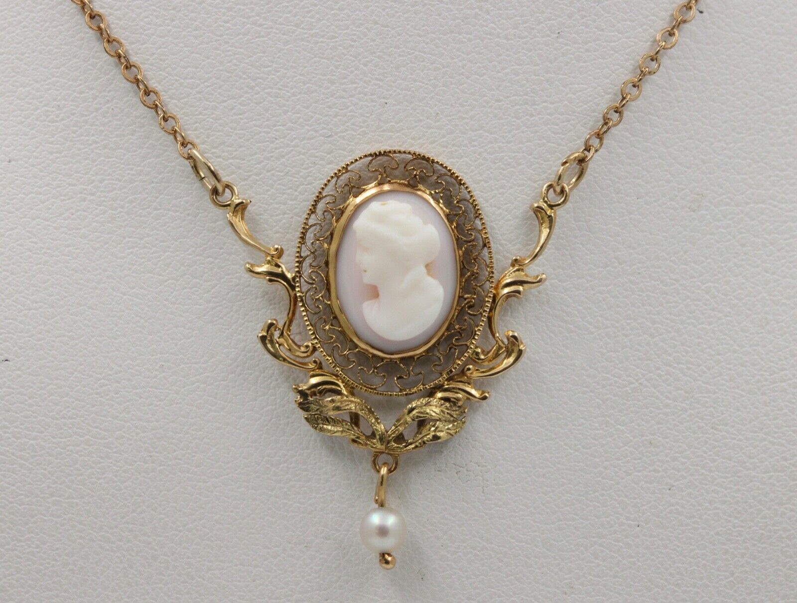 Art Nouveau Cameo Pearl 14K 10K Pendant and Chain