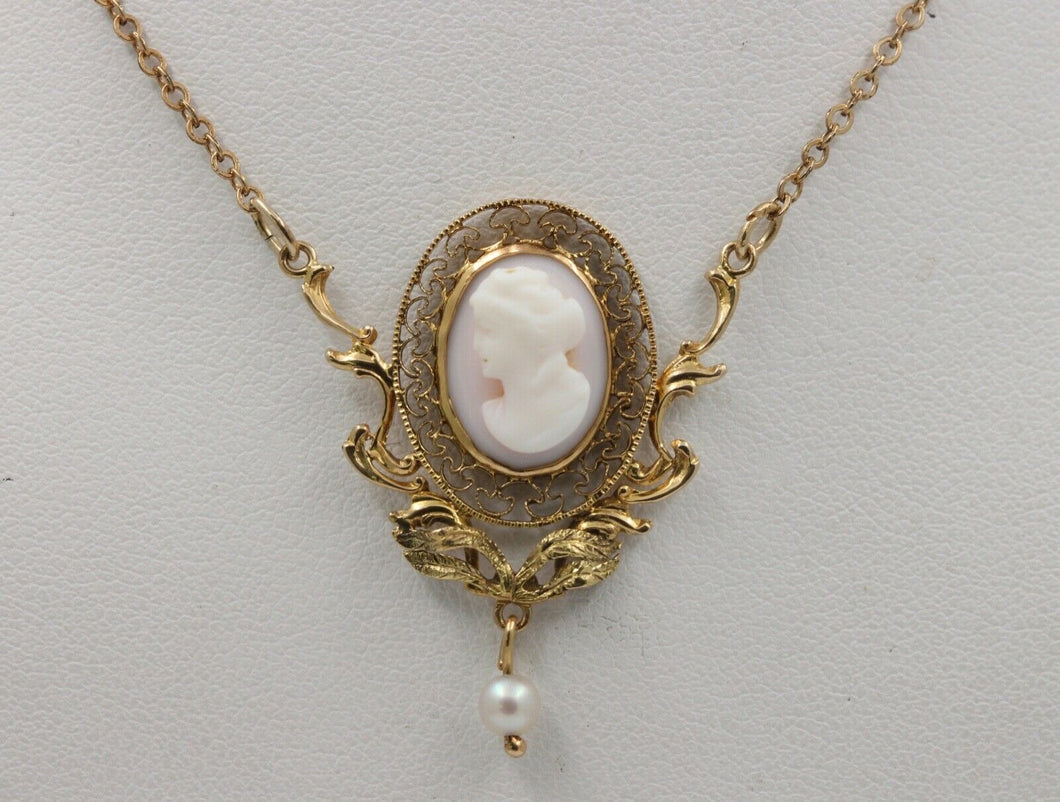 Art Nouveau Cameo Pearl 14K 10K Pendant and Chain