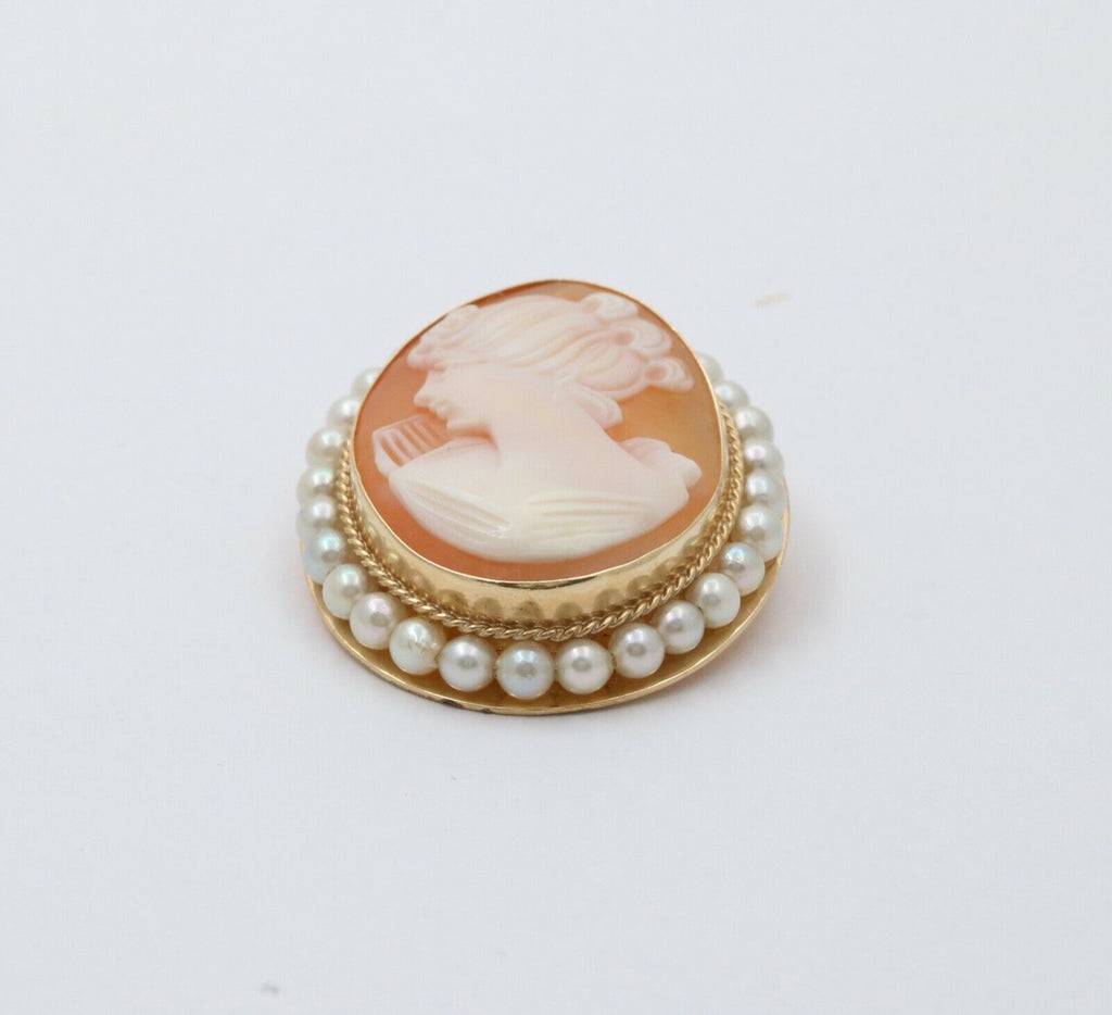 Vintage Carved Shell Cameo Pearls 14K Yellow Gold Brooch Pendant