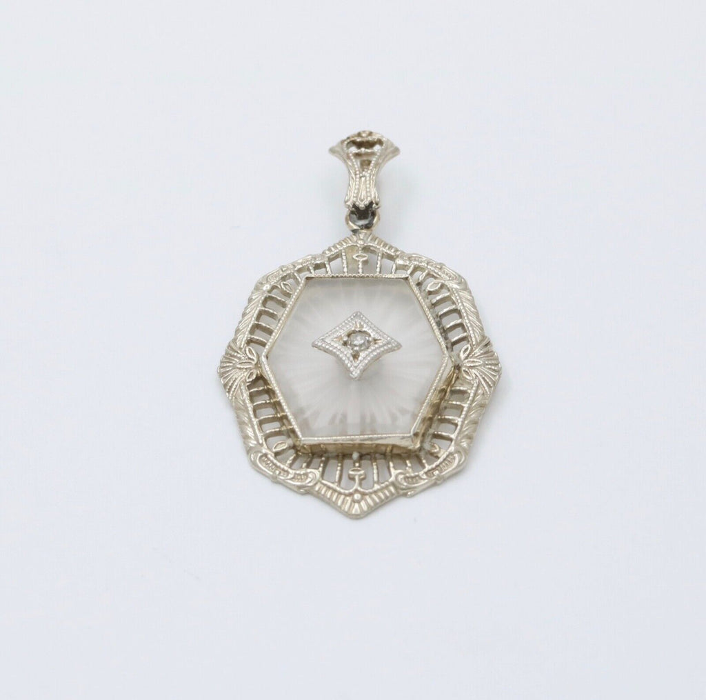 Art Deco 10K Gold Camphor Glass Diamond Pendant.